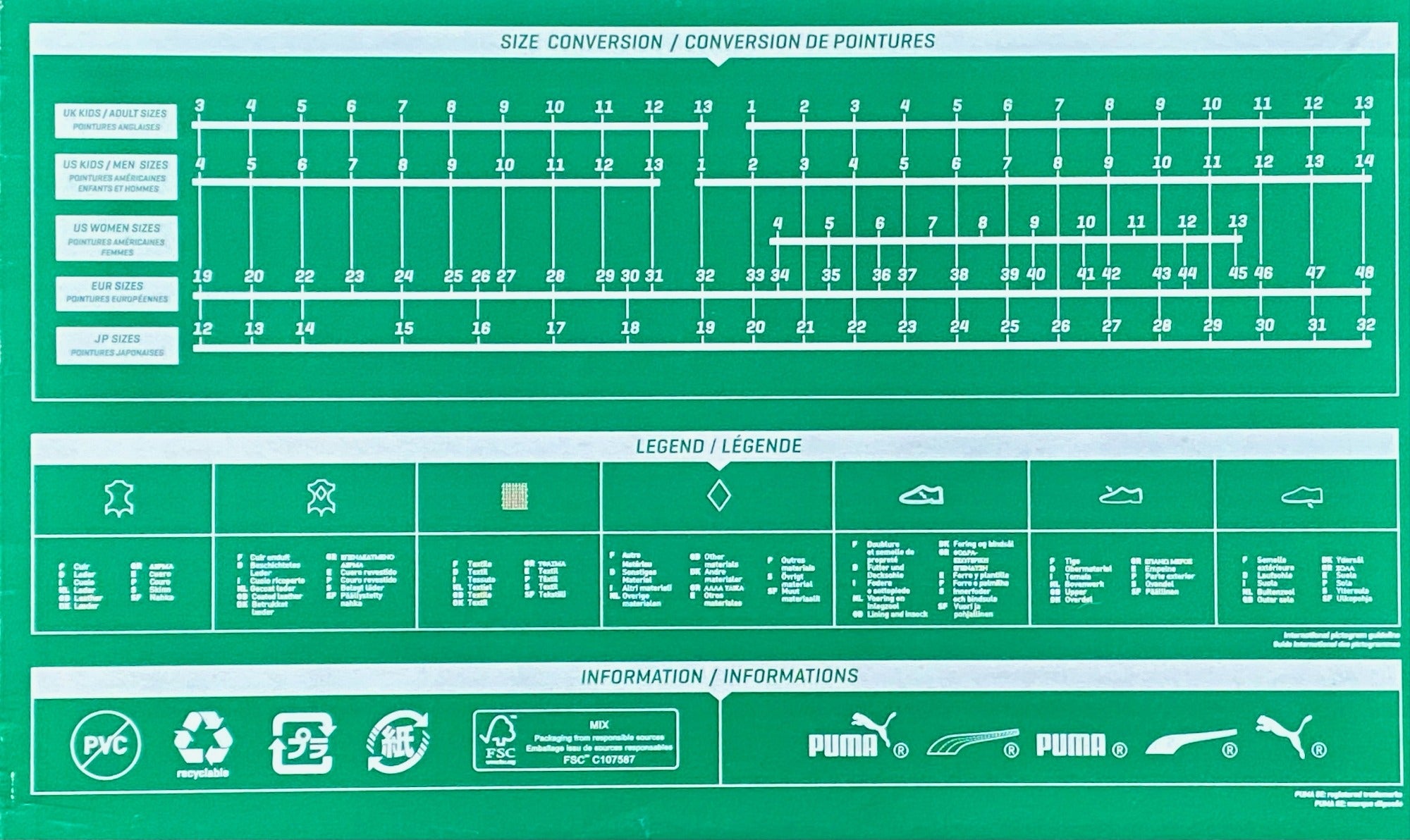 Puma ladies shoes size chart on sale